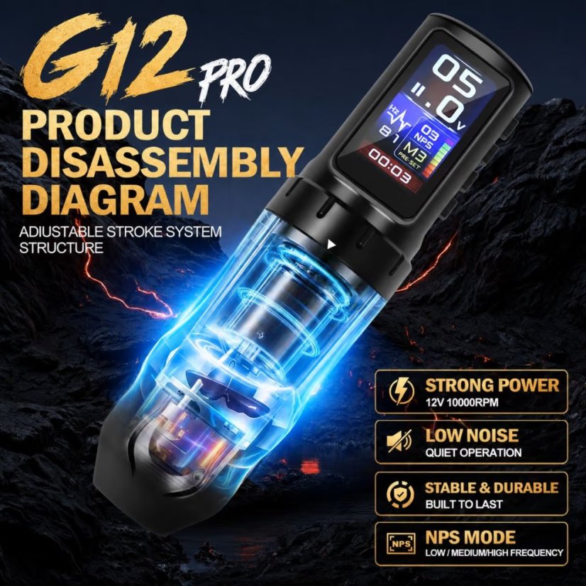 G12PRO Adjustable Stroke Wireless Tattoo Pen Machine - Goldfor Beginners
