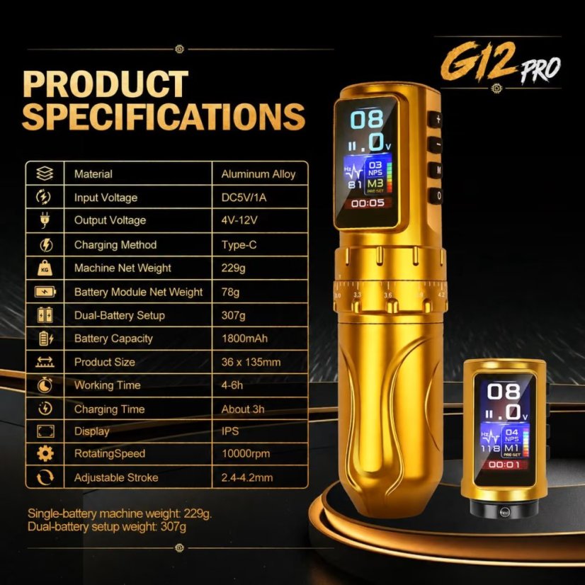 G12PRO Adjustable Stroke Wireless Tattoo Pen Machine - Goldfor Beginners
