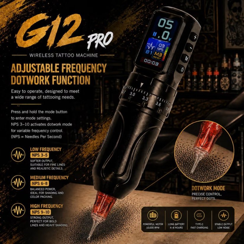 G12PRO Adjustable Stroke Wireless Tattoo Pen Machine - Goldfor Beginners