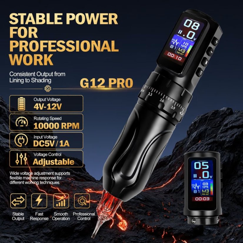 G12PRO Adjustable Stroke Wireless Tattoo Pen Machine - Goldfor Beginners